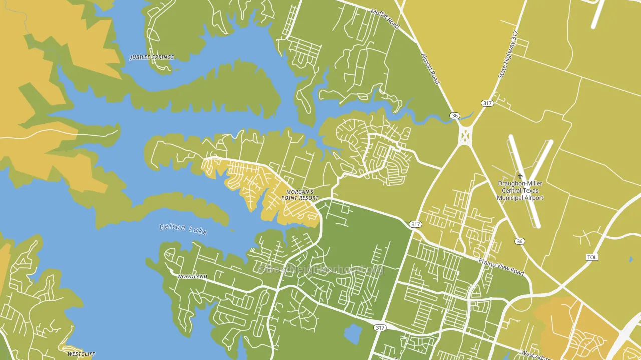 Map of the best neighborhoods in the Morgans Point Resort area, with better matches in green and worse matches in red