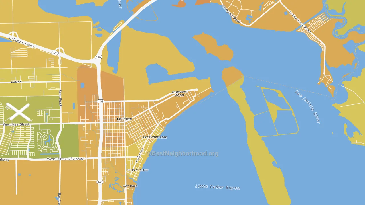 Map of the best neighborhoods in the Morgans Point area, with better matches in green and worse matches in red