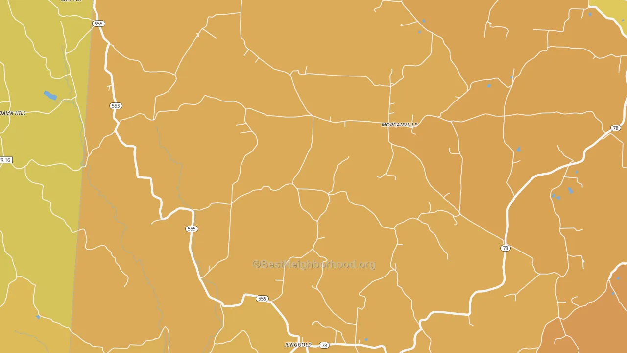 Map of the best neighborhoods in the Morgansville area, with better matches in green and worse matches in red