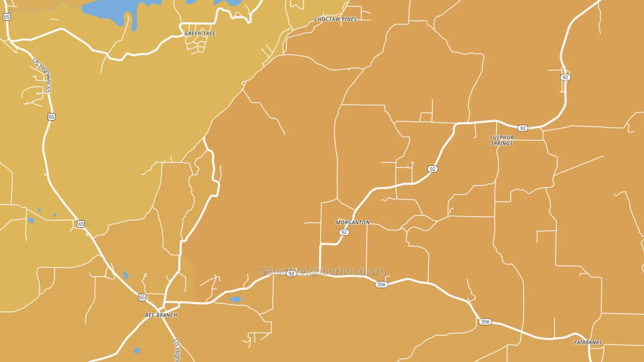 Map of the best neighborhoods in the Morganton area, with better matches in green and worse matches in red