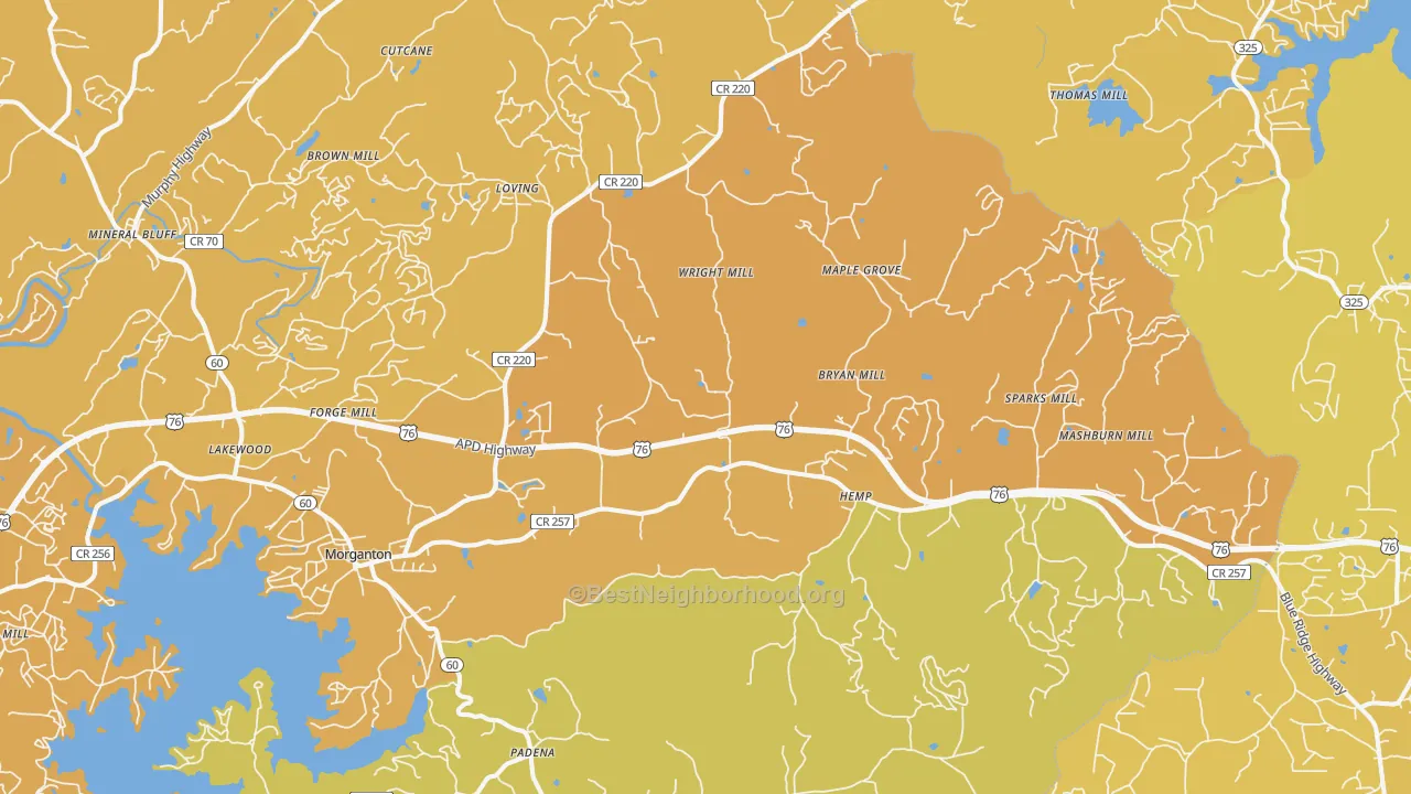 Map of the best neighborhoods in the Morganton area, with better matches in green and worse matches in red