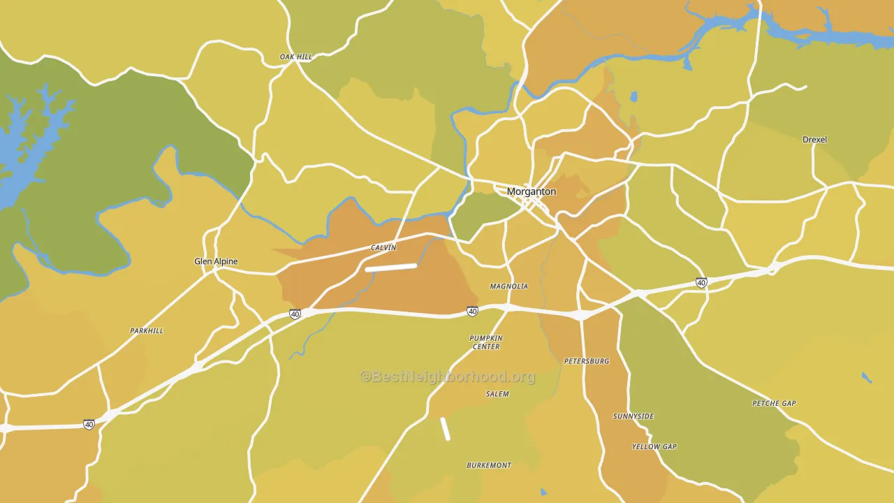 Map of the best neighborhoods in the Morganton area, with better matches in green and worse matches in red