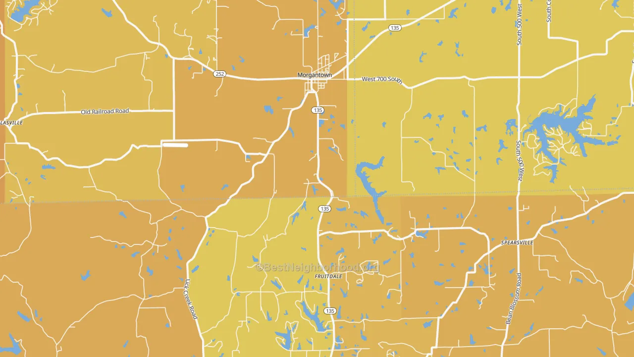 Map of the best neighborhoods in the Morgantown area, with better matches in green and worse matches in red
