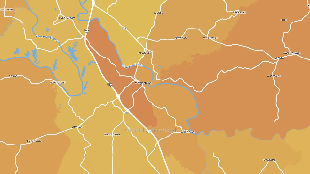 Map of the best neighborhoods in the Morgantown area, with better matches in green and worse matches in red