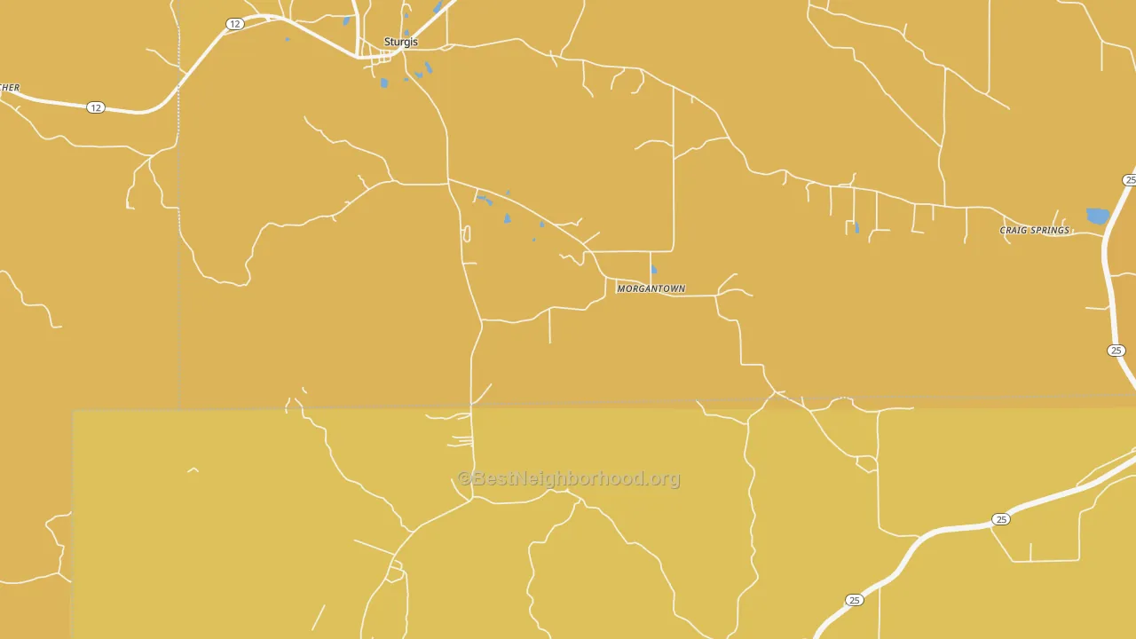 Map of the best neighborhoods in the Morgantown area, with better matches in green and worse matches in red