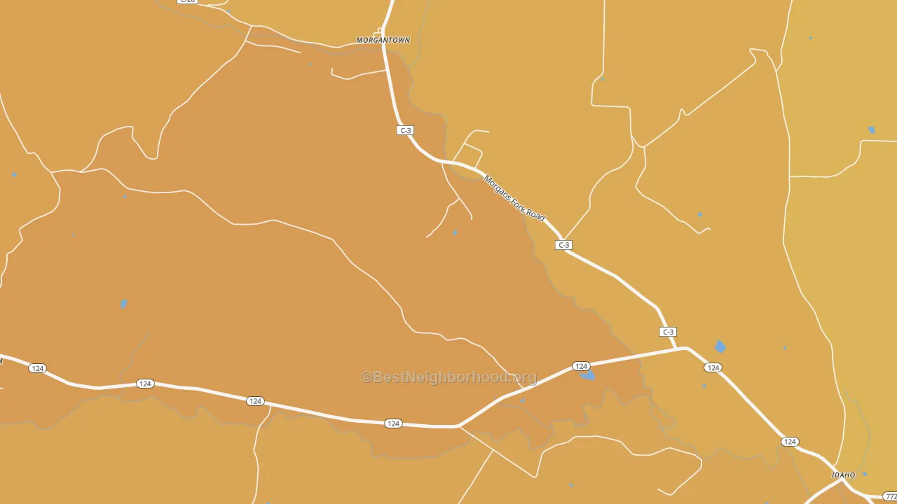 Map of the best neighborhoods in the Morgantown area, with better matches in green and worse matches in red