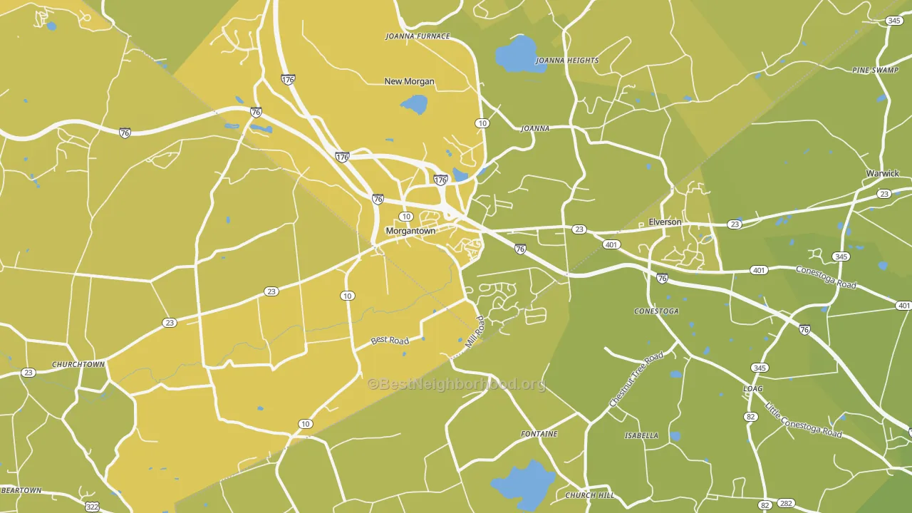 Map of the best neighborhoods in the Morgantown area, with better matches in green and worse matches in red