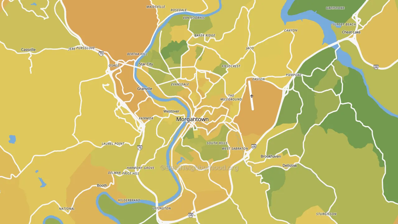 Map of the best neighborhoods in the Morgantown Metro area, with better matches in green and worse matches in red