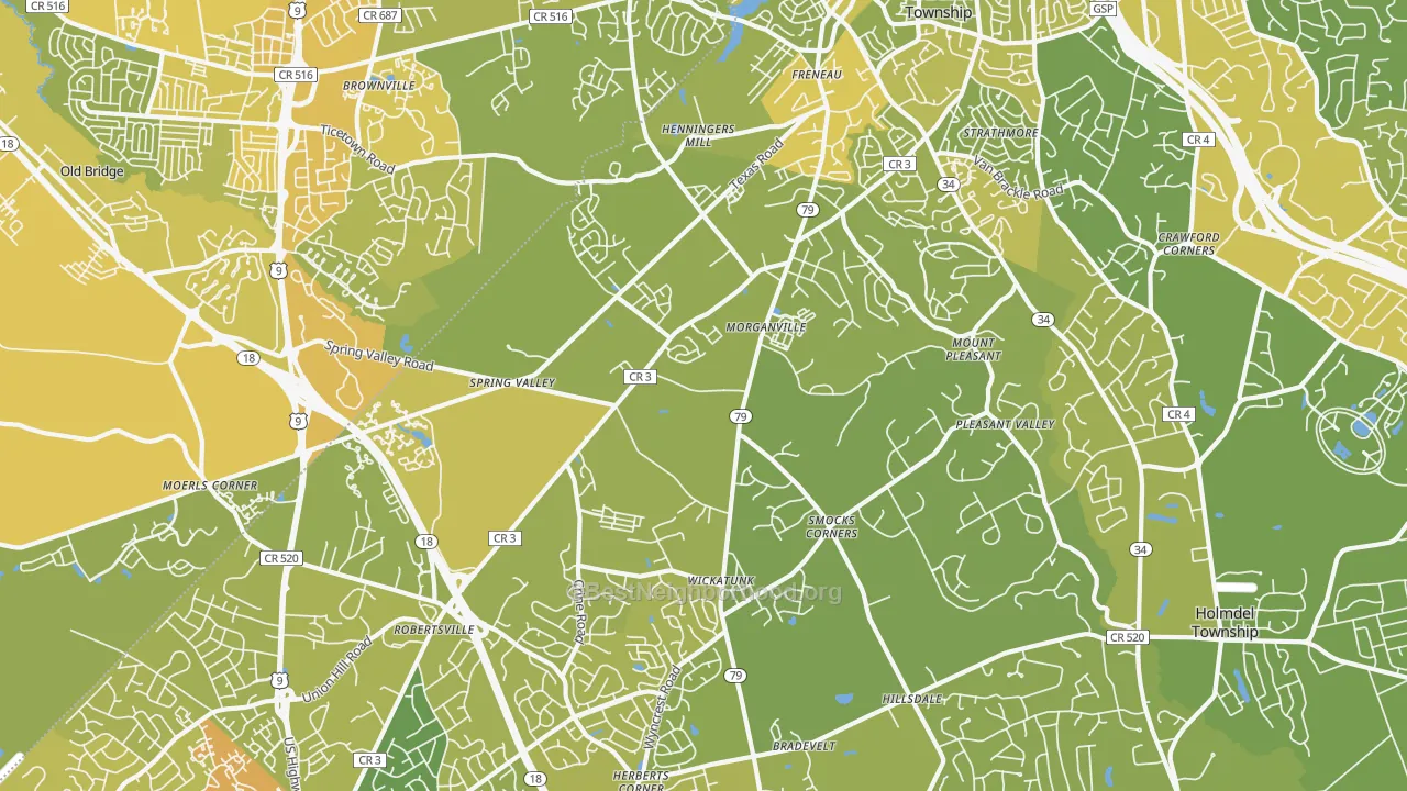 Map of the best neighborhoods in the Morganville area, with better matches in green and worse matches in red