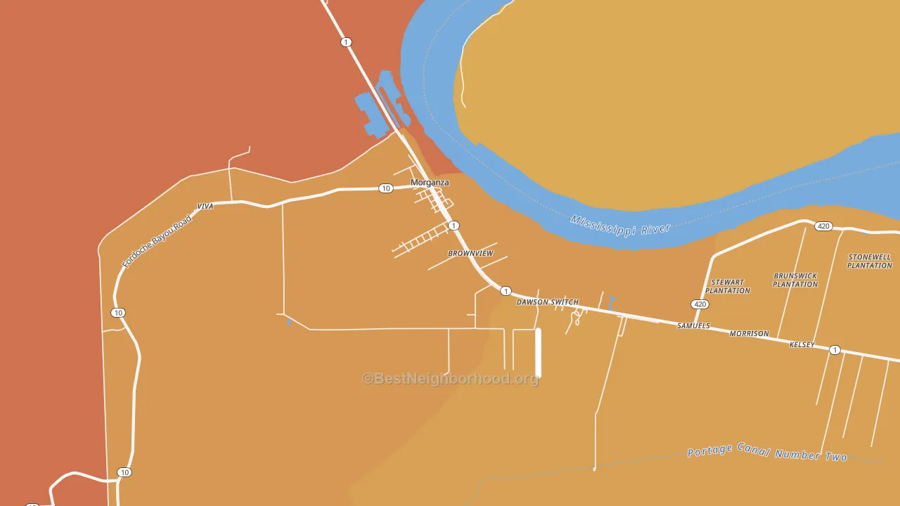 Map of the best neighborhoods in the Morganza area, with better matches in green and worse matches in red