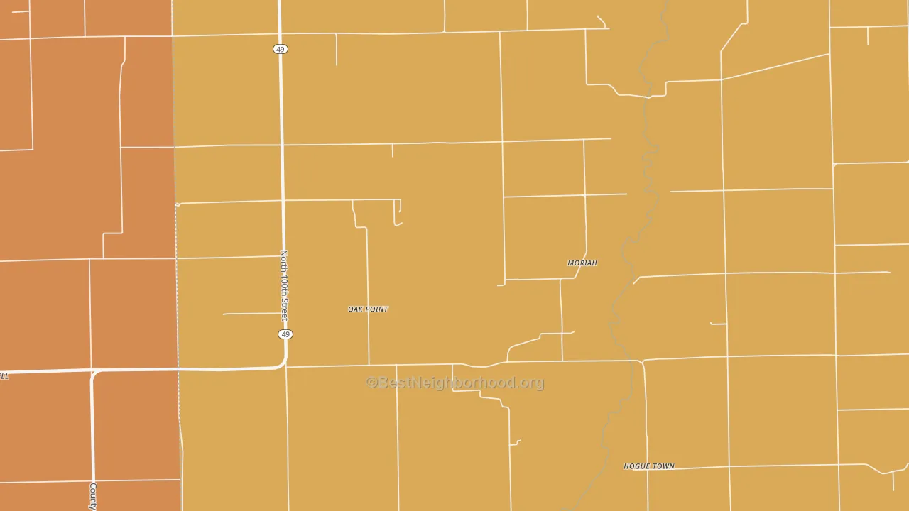 Map of the best neighborhoods in the Moriah area, with better matches in green and worse matches in red