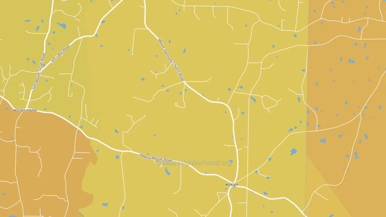 Map of the best neighborhoods in the Moriah area, with better matches in green and worse matches in red