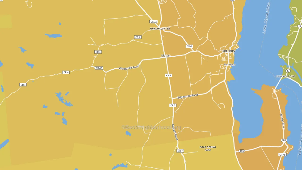 Map of the best neighborhoods in the Moriah area, with better matches in green and worse matches in red