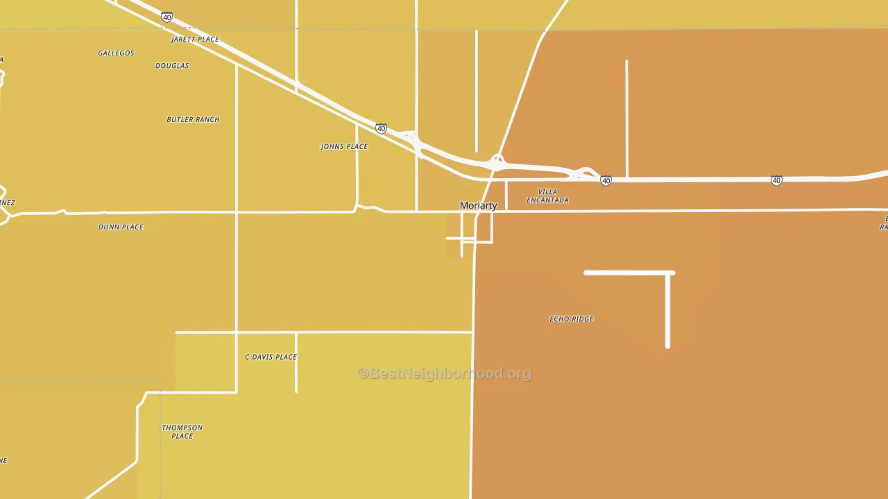 Map of the best neighborhoods in the Moriarty area, with better matches in green and worse matches in red