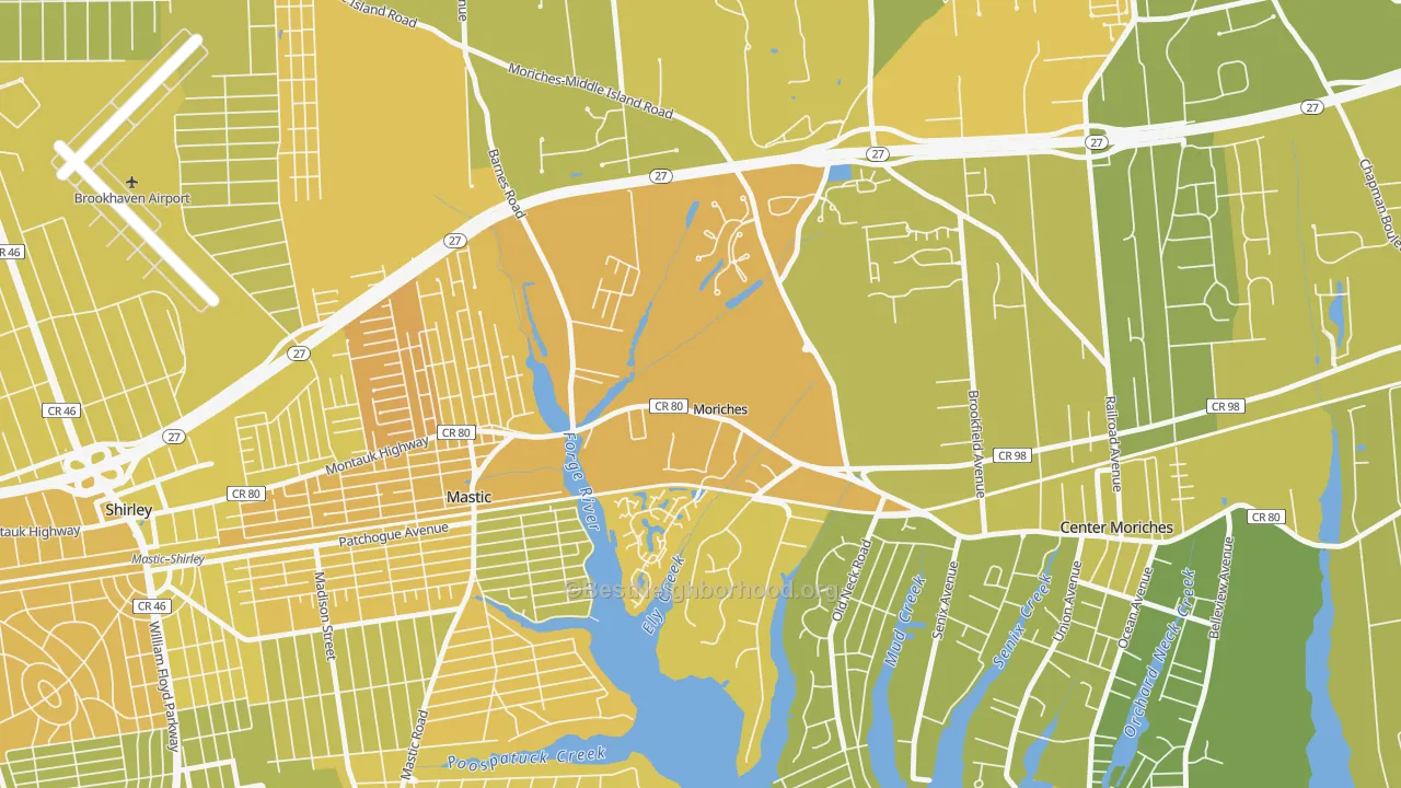 Map of the best neighborhoods in the Moriches area, with better matches in green and worse matches in red