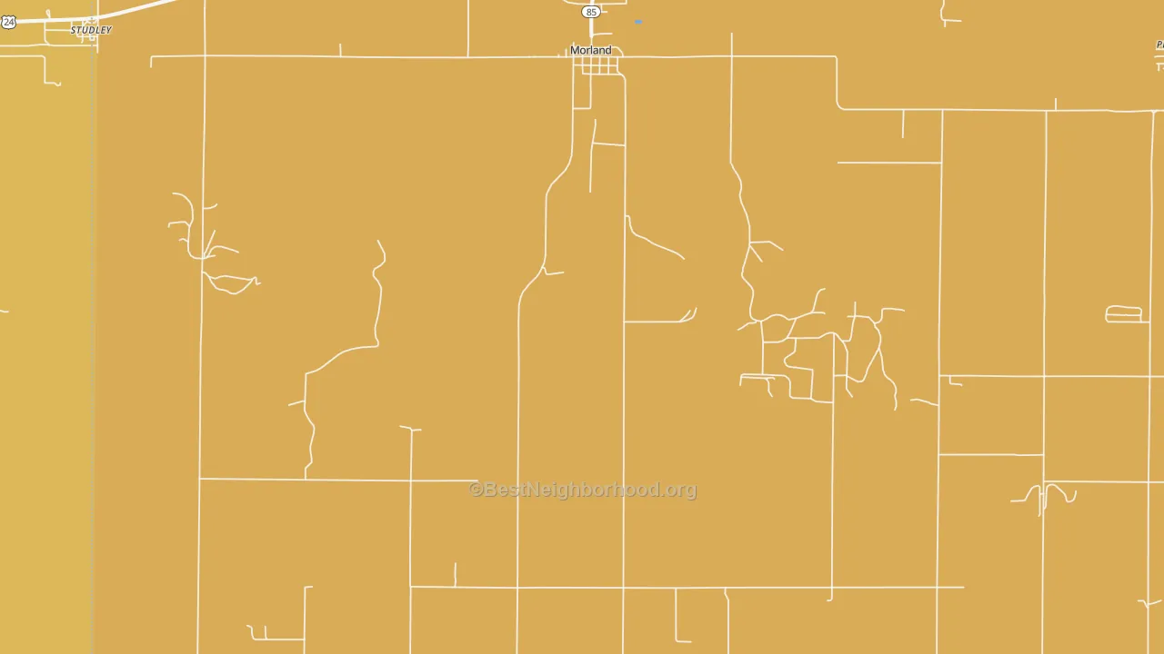 Map of the best neighborhoods in the Morland area, with better matches in green and worse matches in red