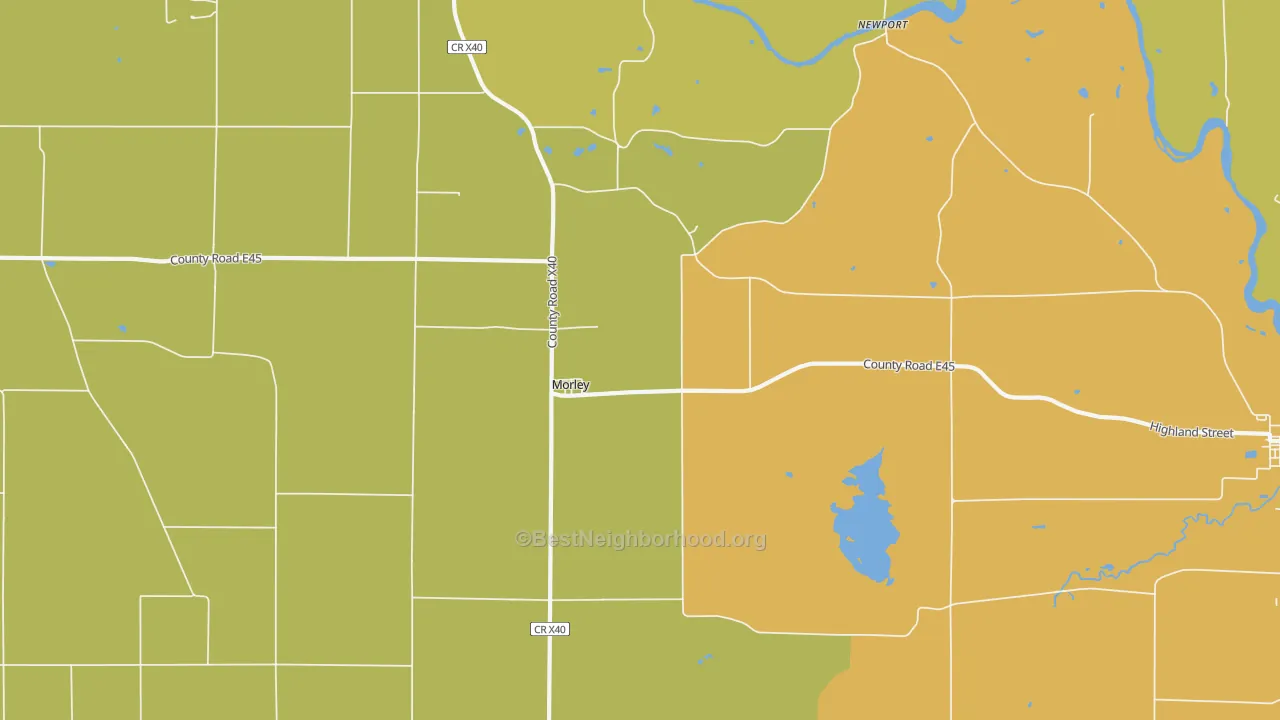 Map of the best neighborhoods in the Morley area, with better matches in green and worse matches in red