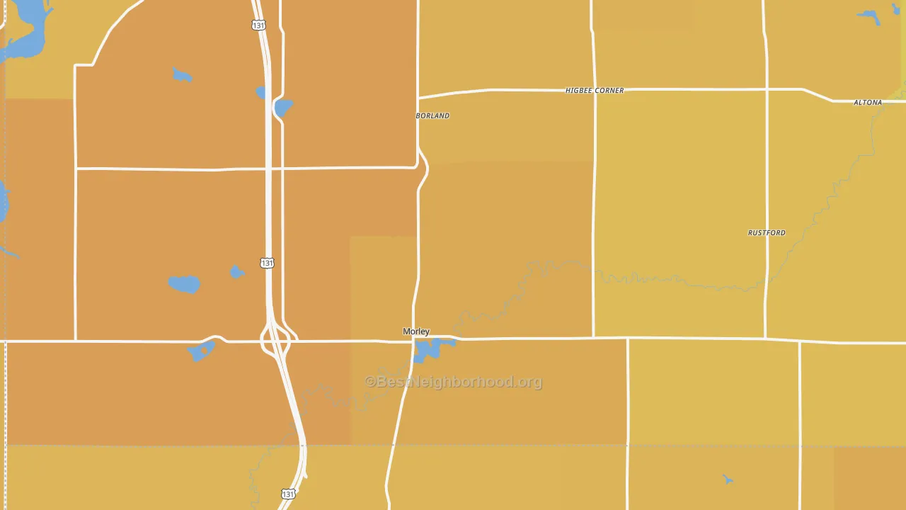 Map of the best neighborhoods in the Morley area, with better matches in green and worse matches in red