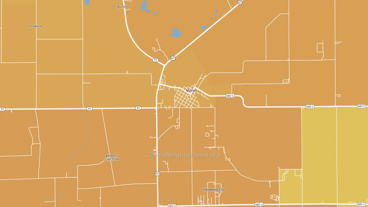 Map of the best neighborhoods in the Morley area, with better matches in green and worse matches in red