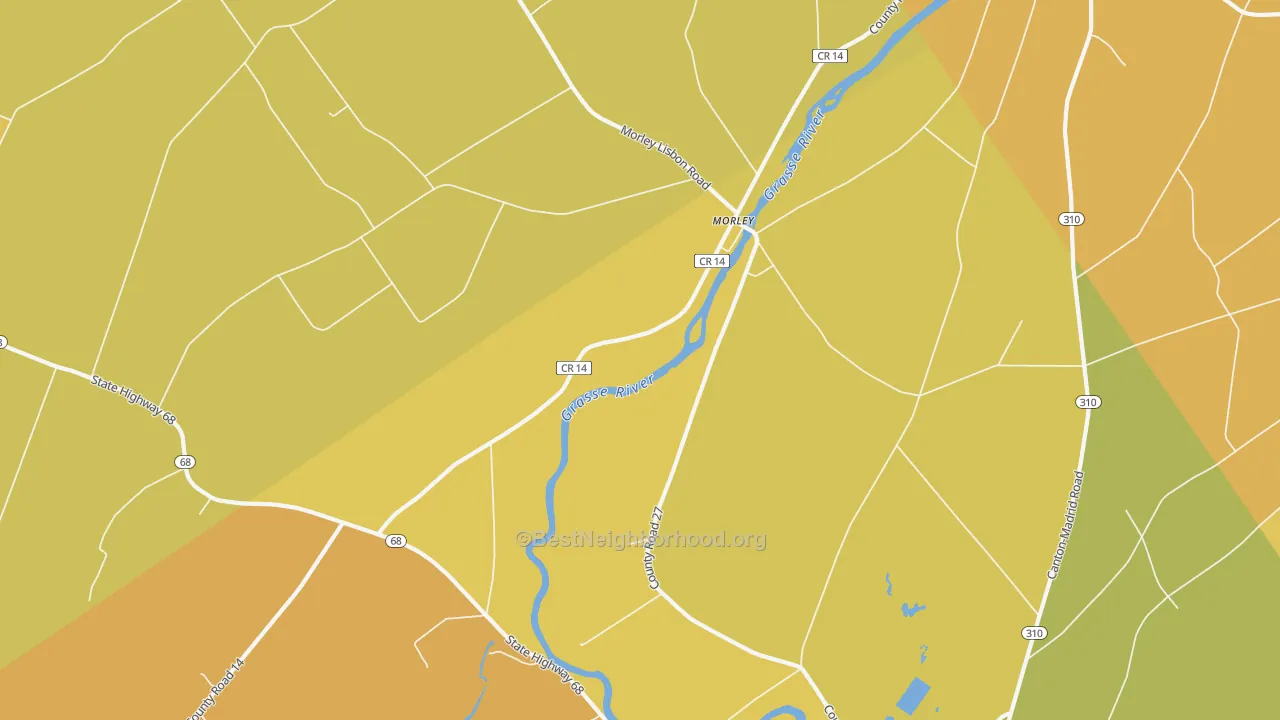 Map of the best neighborhoods in the Morley area, with better matches in green and worse matches in red