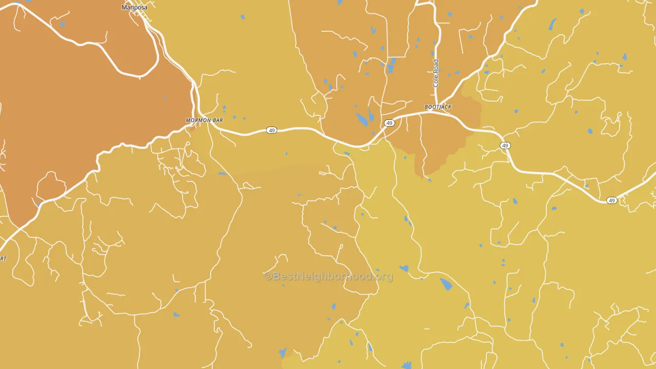 Map of the best neighborhoods in the Mormon Bar area, with better matches in green and worse matches in red