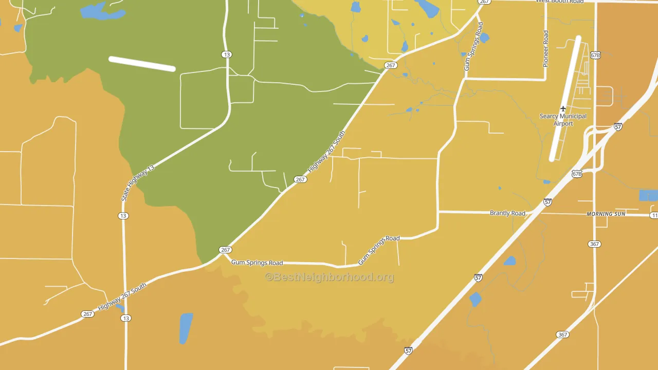 Map of the best neighborhoods in the Morning Sun area, with better matches in green and worse matches in red