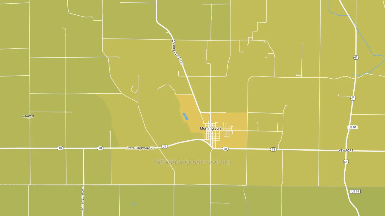 Map of the best neighborhoods in the Morning Sun area, with better matches in green and worse matches in red