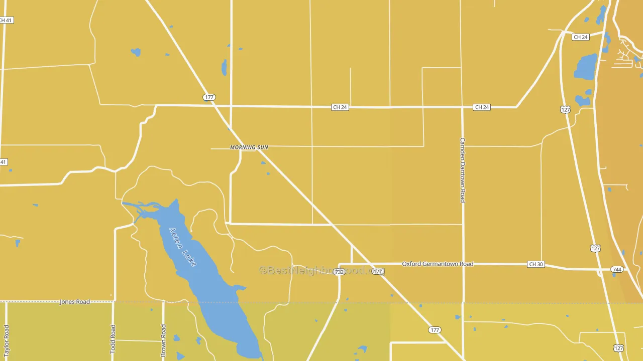 Map of the best neighborhoods in the Morning Sun area, with better matches in green and worse matches in red