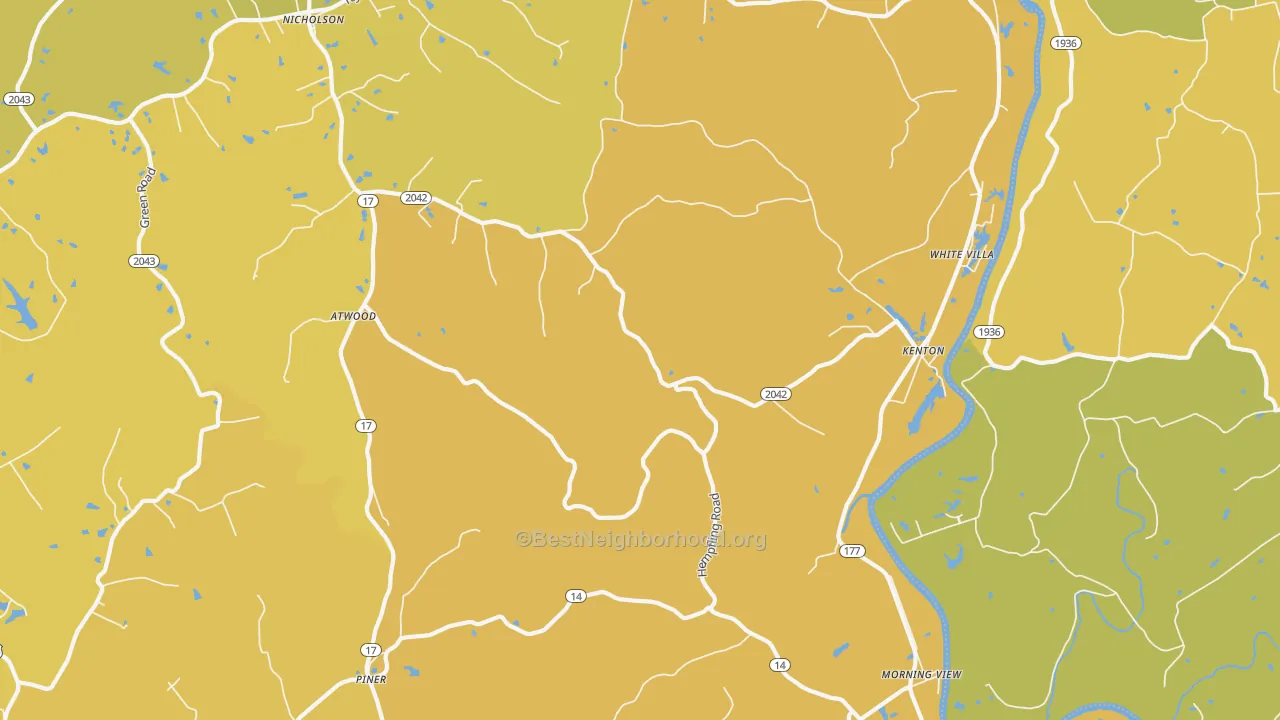 Map of the best neighborhoods in the Morning View area, with better matches in green and worse matches in red