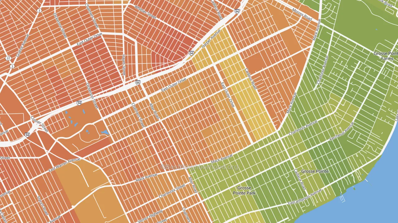 Map of the best neighborhoods in the Morningside, Detroit area, with better matches in green and worse matches in red