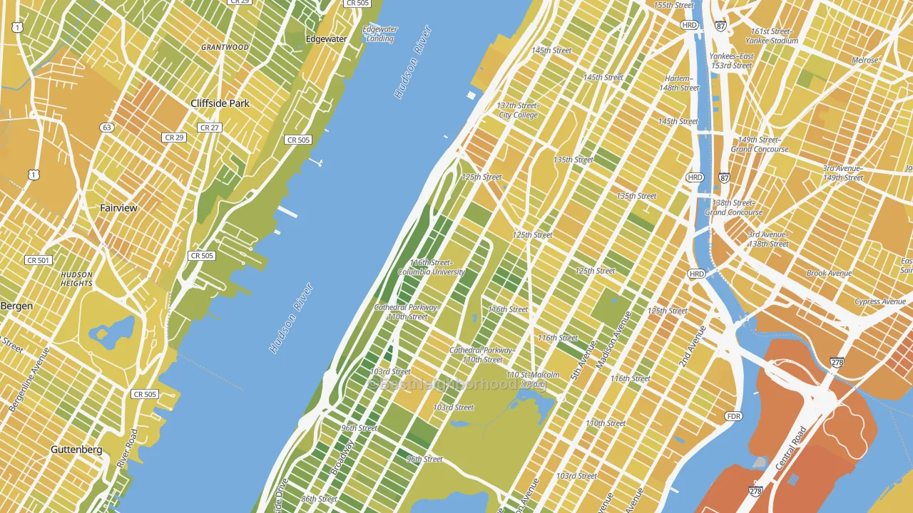 Map of the best neighborhoods in the Morningside Heights, Manhattan area, with better matches in green and worse matches in red