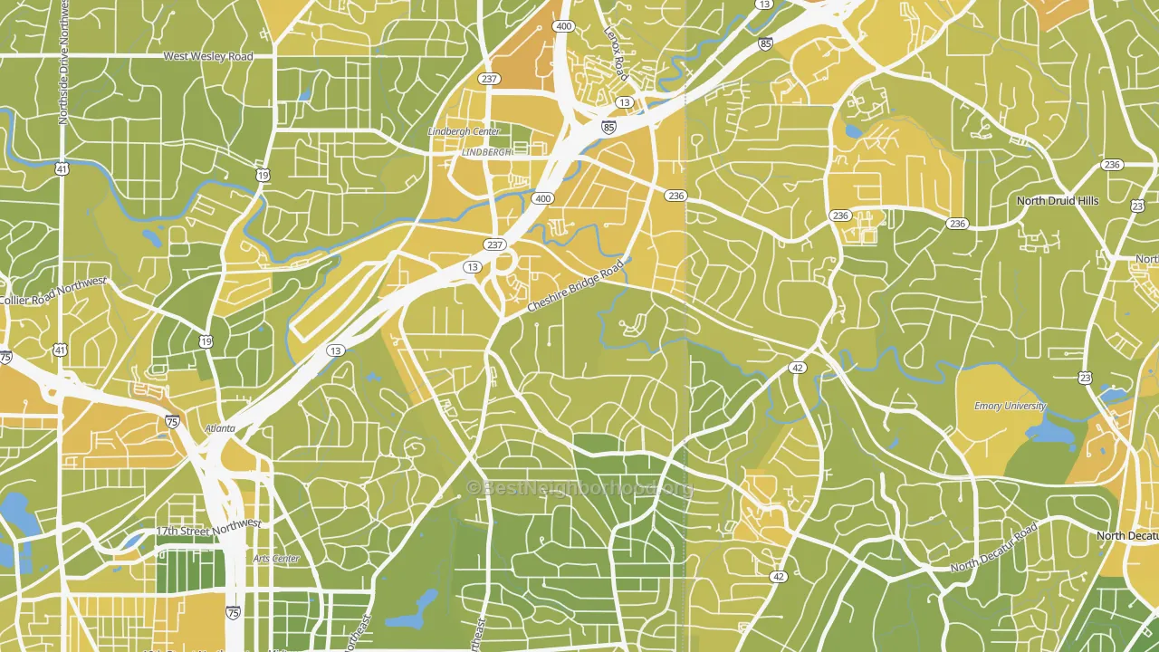 Map of the best neighborhoods in the Morningside-Lenox Park, Atlanta area, with better matches in green and worse matches in red