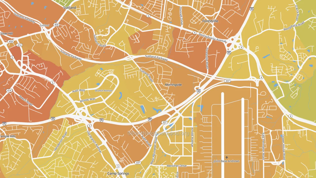 Map of the best neighborhoods in the Morningside area, with better matches in green and worse matches in red