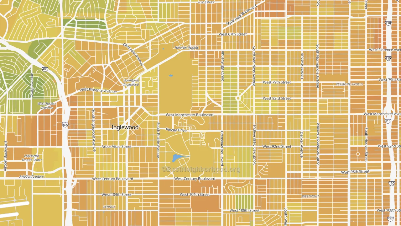 Map of the best neighborhoods in the Morningside Park, Inglewood area, with better matches in green and worse matches in red