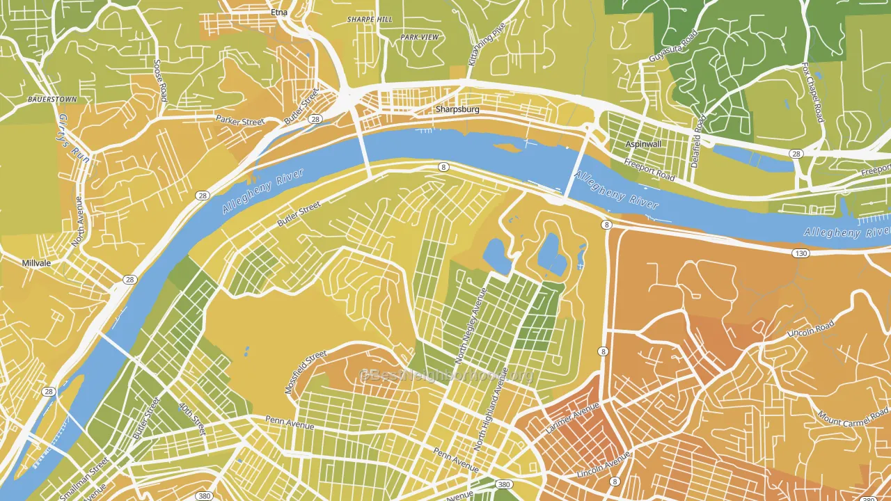 Map of the best neighborhoods in the Morningside, Pittsburgh area, with better matches in green and worse matches in red
