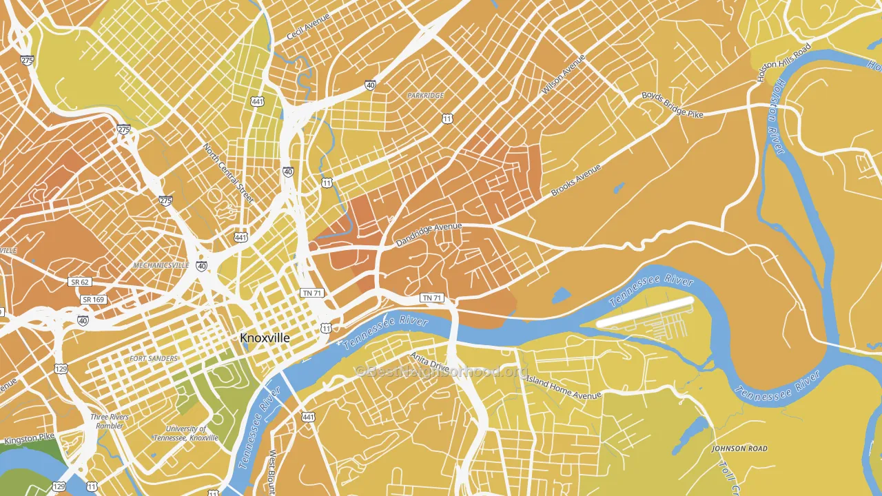 Map of the best neighborhoods in the Mornngside, Knoxville area, with better matches in green and worse matches in red