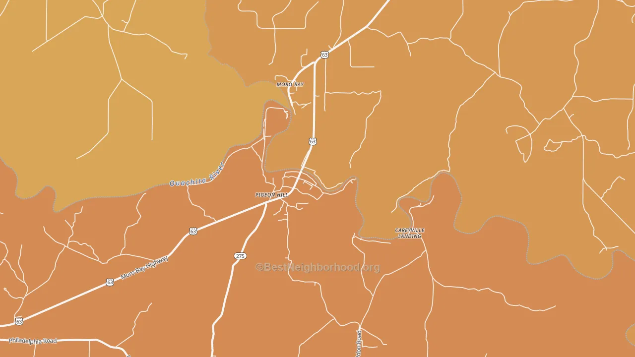 Map of the best neighborhoods in the Moro Bay area, with better matches in green and worse matches in red