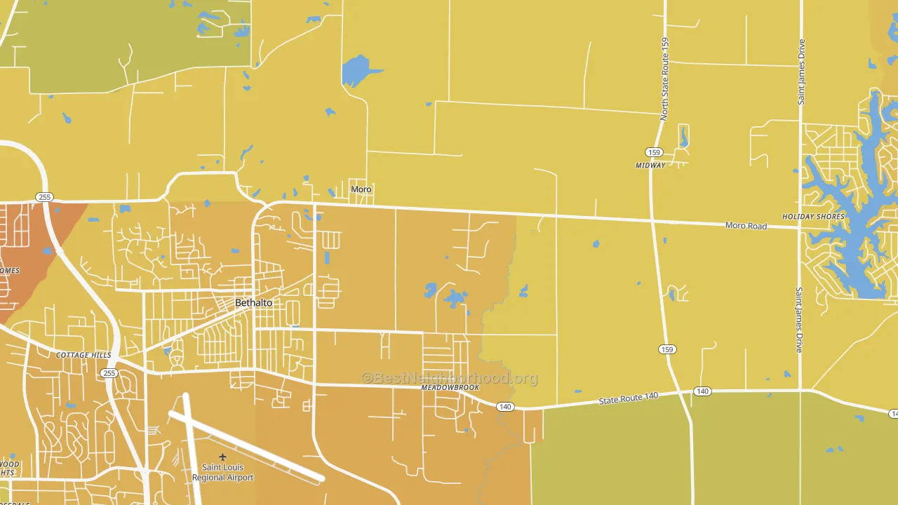 Map of the best neighborhoods in the Moro area, with better matches in green and worse matches in red