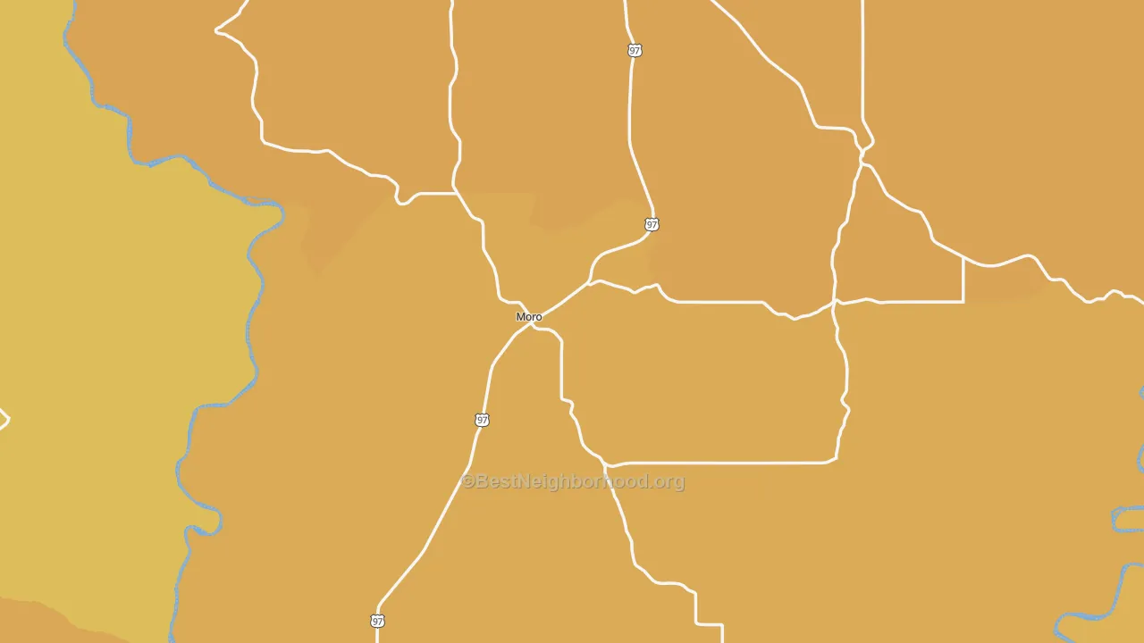 Map of the best neighborhoods in the Moro area, with better matches in green and worse matches in red