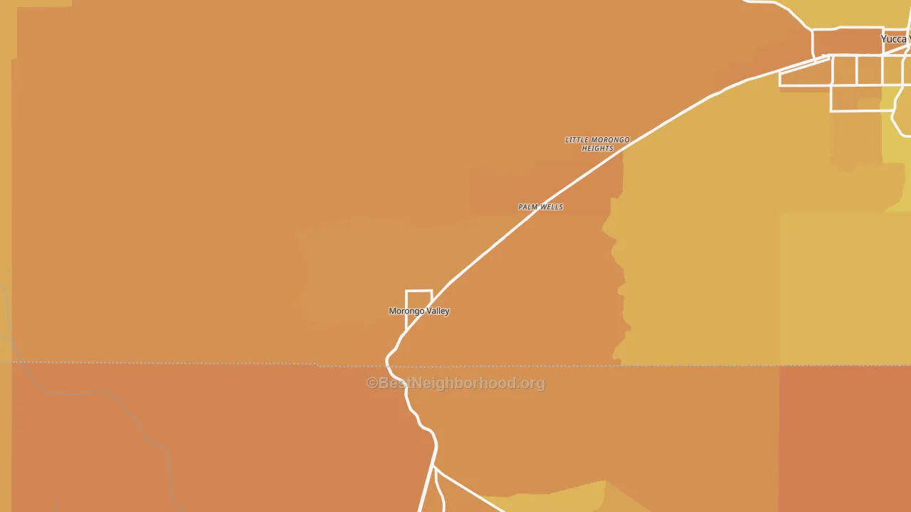 Map of the best neighborhoods in the Morongo Valley area, with better matches in green and worse matches in red