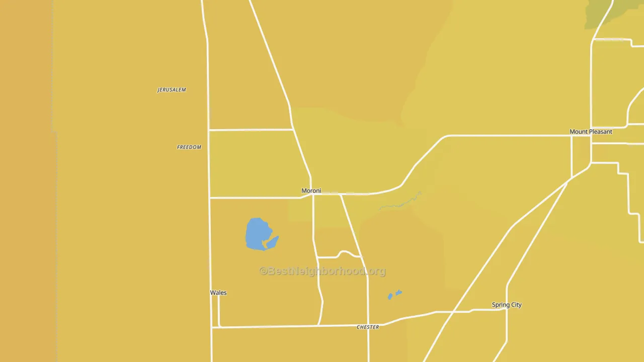 Map of the best neighborhoods in the Moroni area, with better matches in green and worse matches in red