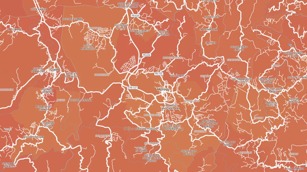 Map of the best neighborhoods in the Morovis Municipio area, with better matches in green and worse matches in red