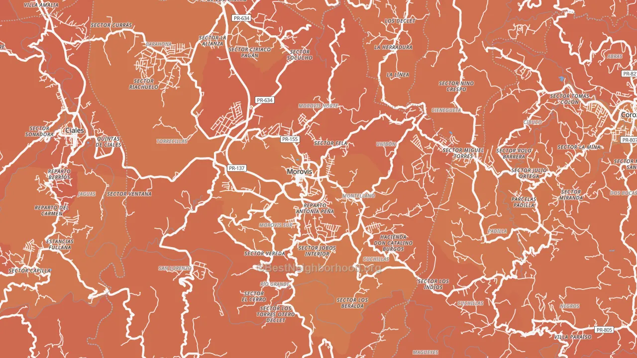 Map of the best neighborhoods in the Morovis area, with better matches in green and worse matches in red