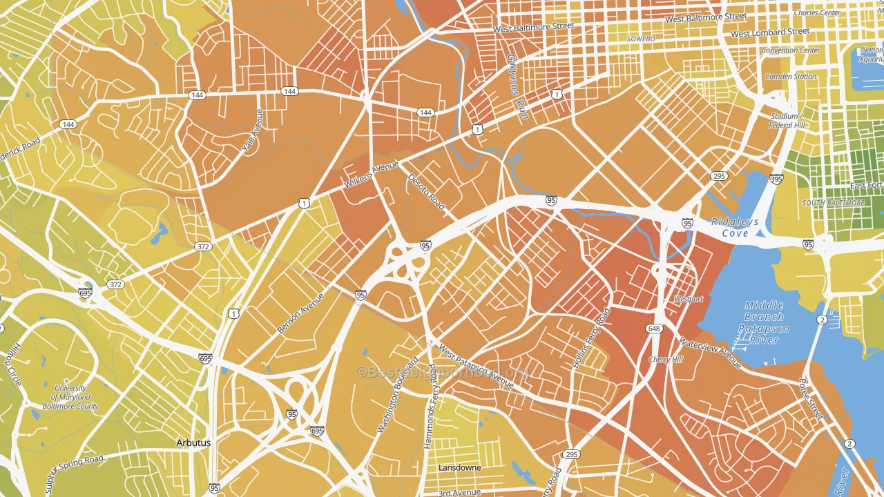 Map of the best neighborhoods in the Morrell Park, Baltimore area, with better matches in green and worse matches in red