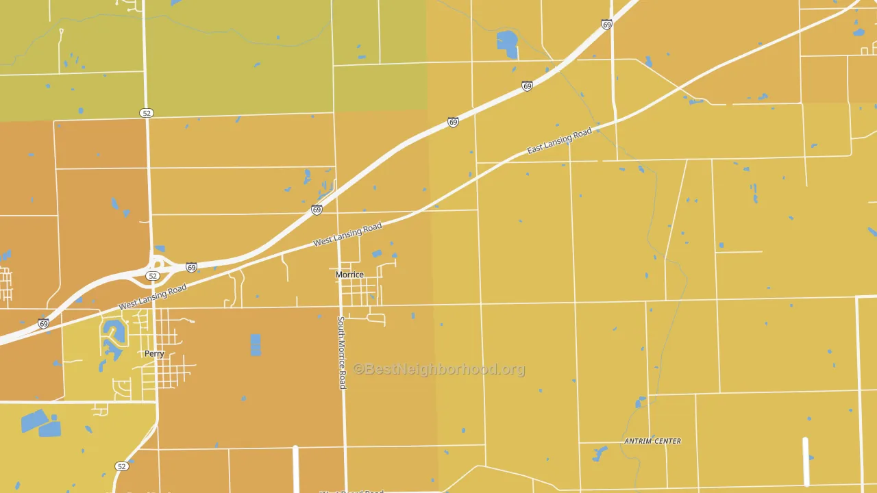 Map of the best neighborhoods in the Morrice area, with better matches in green and worse matches in red