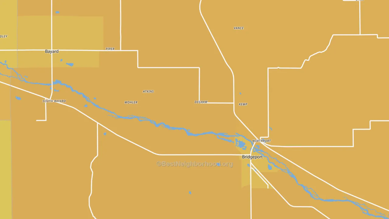 Map of the best neighborhoods in the Morrill County area, with better matches in green and worse matches in red