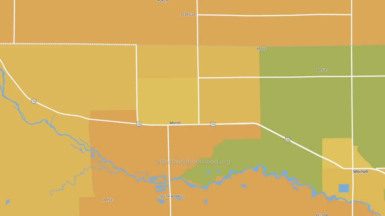 Map of the best neighborhoods in the Morrill area, with better matches in green and worse matches in red