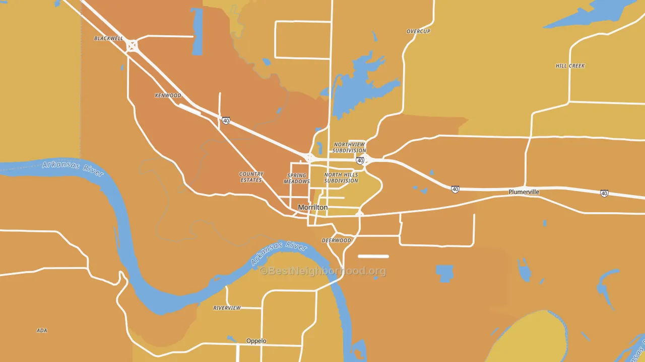 Map of the best neighborhoods in the Morrilton area, with better matches in green and worse matches in red
