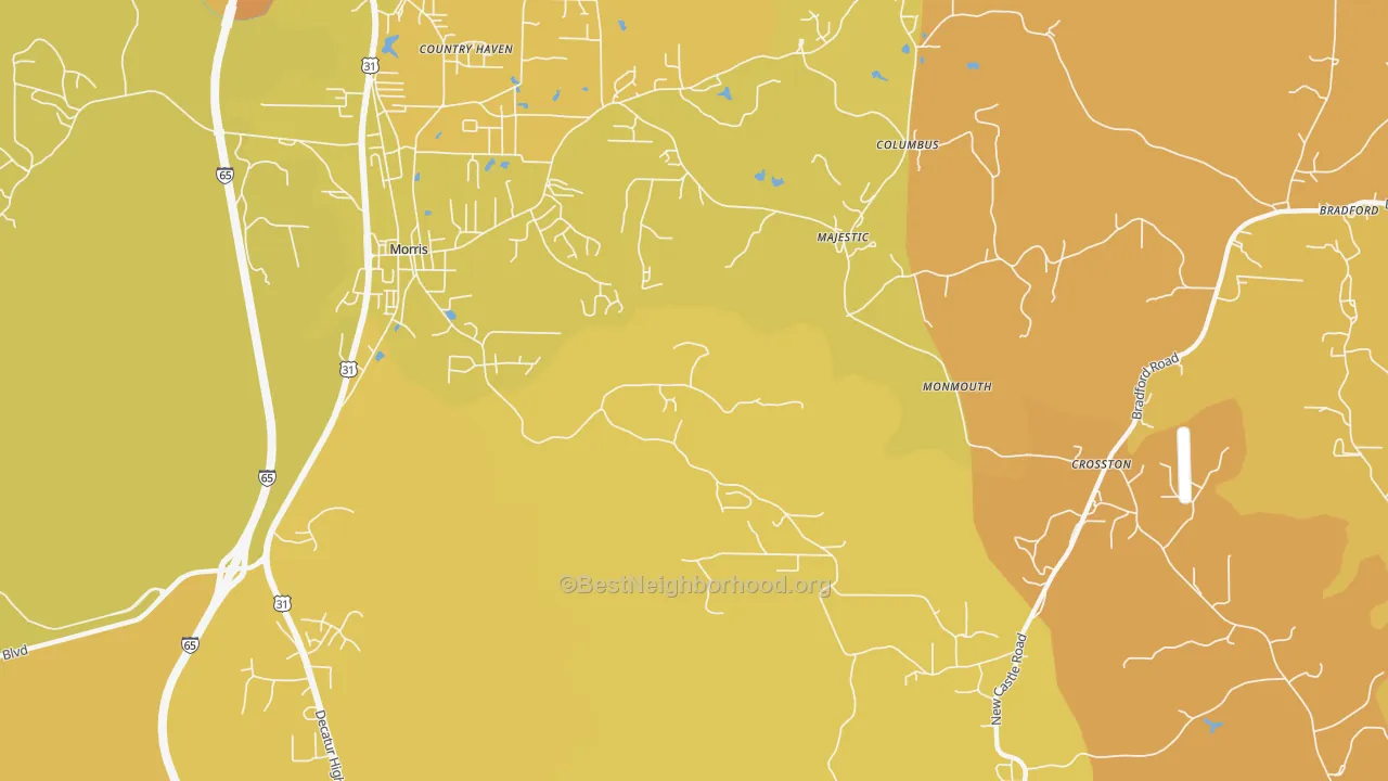 Map of the best neighborhoods in the Morris area, with better matches in green and worse matches in red