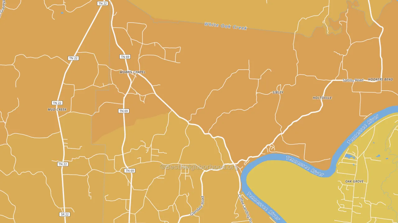 Map of the best neighborhoods in the Morris Chapel area, with better matches in green and worse matches in red